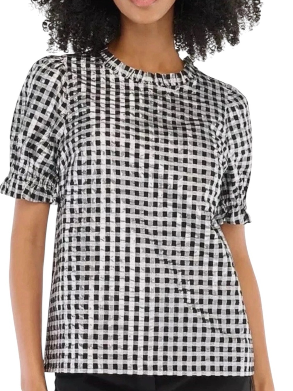 J. Crew Black Silver Metallic Gingham Puff Sleeve Blouse Size Large
